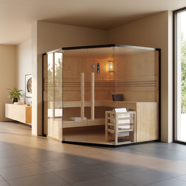 Moderne Ecksauna mit Glaselementen und heller Holzverkleidung in einem geräumigen Wohnbereich mit Fliesenboden.