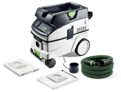 Festool Absaugmobil mit Saugschlauch, zwei Filtersäcken und Zubehör für Werkstatt und Baustelle.