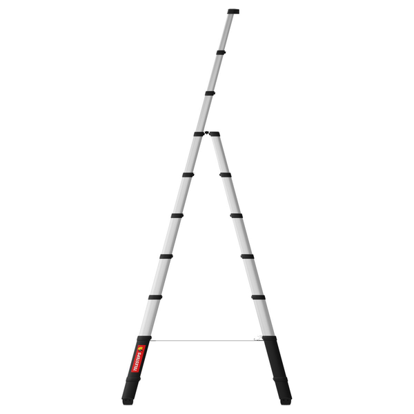 Silberne Teleskop-Kombileiter aus Aluminium mit schwarzen Kunststoffteilen von Telesteps.