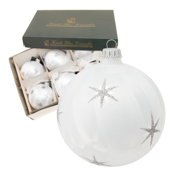 Eislack weiß 8cm Glaskugel mundgeblasen und handdekoriert mit Sternen (6 Stück), 6 Stck., Weihnachtsbaumkugeln, Christbaumschmuck, Weihnachtsbaumanhänger
