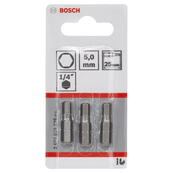 Bosch Logo. Packung mit drei Innensechskant Bits, 5,0 mm, 1/4 Zoll, 25 mm.