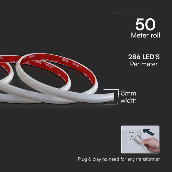 LED-Streifen auf einer 50-Meter-Rolle mit 286 LEDs pro Meter und 8 Millimeter Breite, Plug & Play ohne Transformator