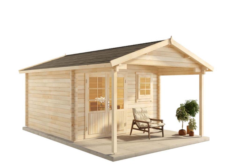 Alpholz Gartenhaus Timo ISO Premium Gartenhaus aus Holz in natur, Holzhaus mit 70 mm Wandstärke inklusive Schleppdach Blockbohlenhaus imprägniert 3,8x5,7m
