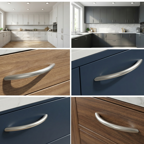 Küchenansicht mit Küchenschränken und Schubladen in verschiedenen Ausführungen und Materialien.