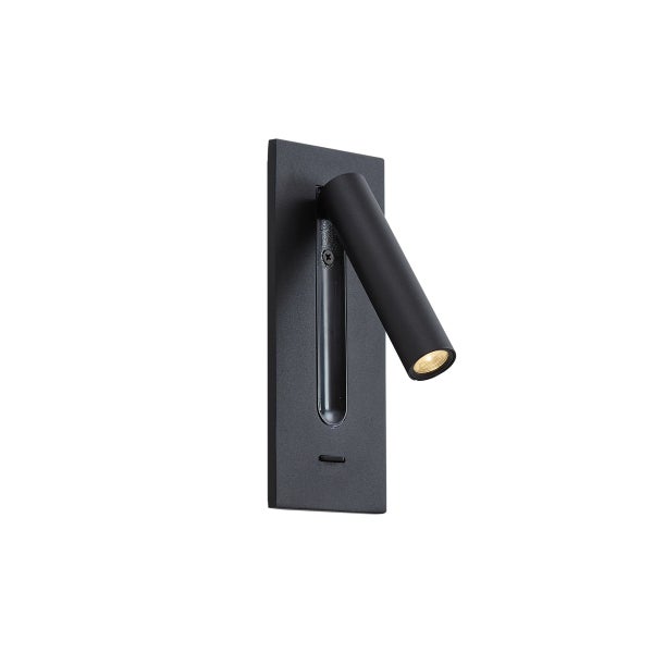 Moderne, schwarze Wand-Leseleuchte mit verstellbarem zylindrischem LED-Strahler und rechteckiger Wandhalterung.