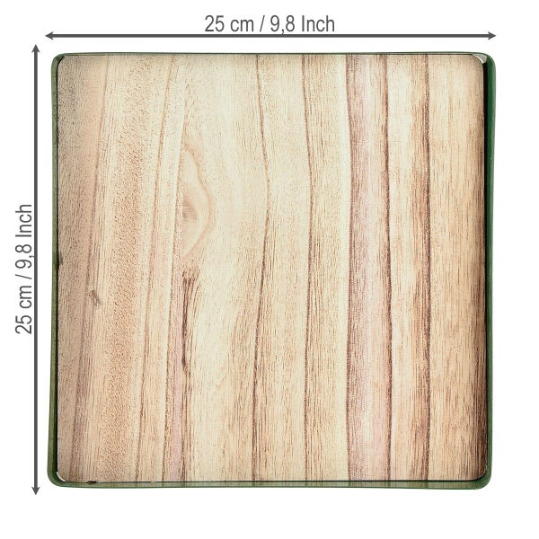 Quadratisches Holztablett mit Metallrand, 25 mal 25 Zentimeter