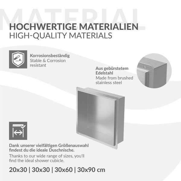 Duschnische aus gebürstetem Edelstahl, korrosionsbeständig, in den Größen 20x30, 30x30, 30x60 und 30x90 Zentimeter verfügbar.