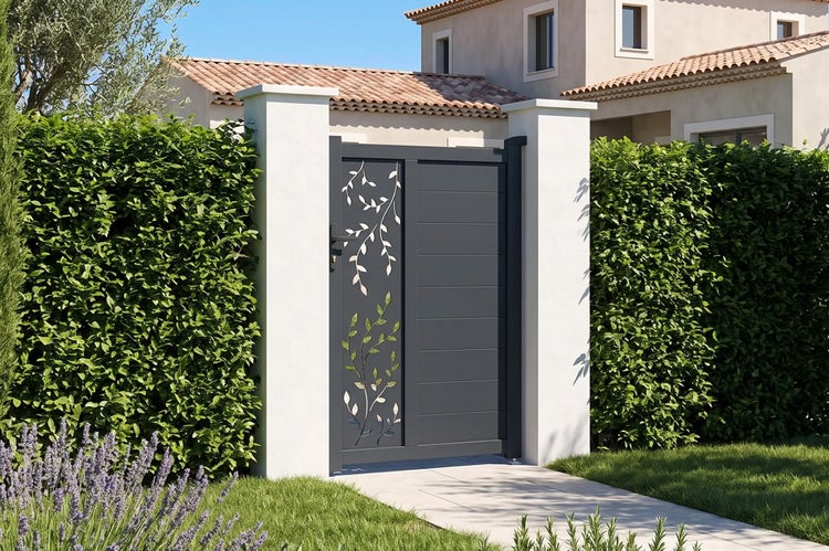 Moderne Gartentür aus Metall zwischen zwei weißen Pfosten mit floralem Dekor, eingebettet in eine Heckenlandschaft vor einem Wohnhaus.