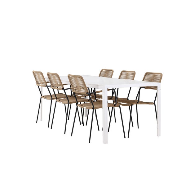 Gartenmöbel-Set mit einem weißen rechteckigen Tisch und sechs Stühlen mit schwarzem Gestell und braunem Geflecht.