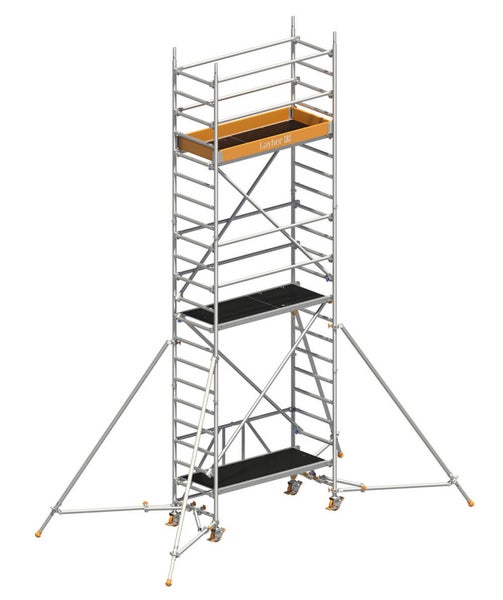 Rollgerüst mit Arbeitsbühnen und Layher Logo