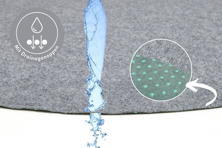 Kunstrasen mit Drainagenoppen und Wasserdurchlässigkeit.