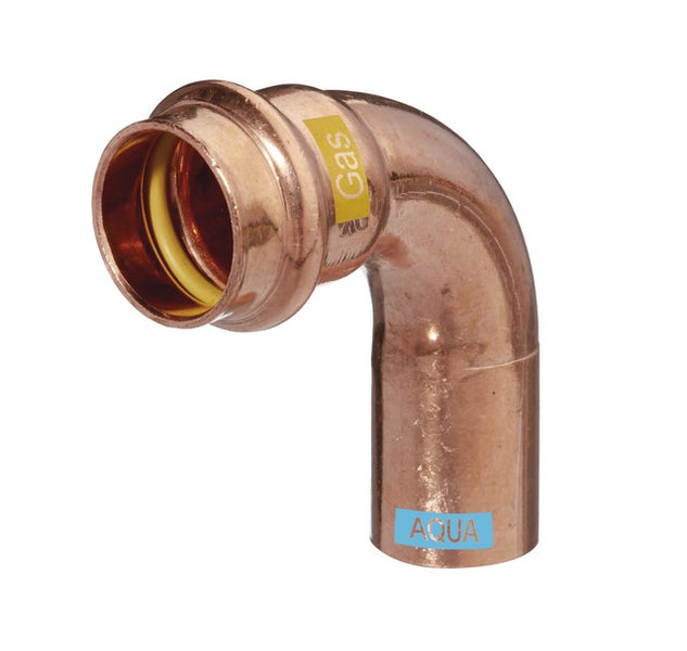 Kupfer-Pressfitting Bogen 90 Grad mit einseitiger Pressmuffe und Einsteckende für Gas- und Wasserleitungen
