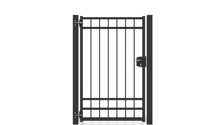 Gartentor ZAUNGURU BASIC-Linie Oldenburg aus Metall, Höhe: 163cm, Breite: 123cm, 1-flügelig inkl. Pfosten, Schloss und Zubehör, Feuerverzinkt und zusätzlich in RAL 7016 Anthrazitgrau pulverbeschichtet