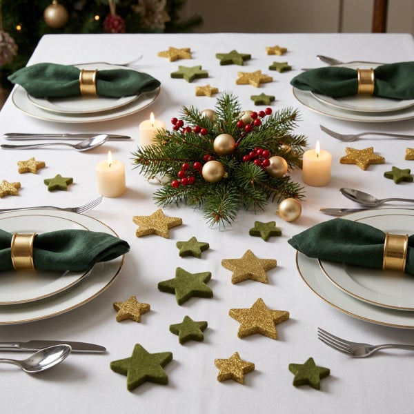 Festlich gedeckter Weihnachtstisch mit Tellern, Stoffservietten in Serviettenringen, Besteck, Kerzen und weihnachtlicher Tischdekoration mit Sternen.