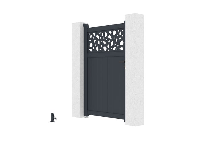Gartentür aus Aluminium in Anthrazit mit dekorativem Lochmuster im oberen Bereich und vertikalen Lamellen.