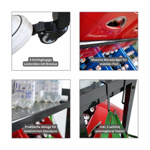 Detailansichten eines Servierwagens mit vier leichtgängigen Lenkrollen mit Bremse, massiven Metallträgern, einer praktischen Ablage und zwei seitlich anbringbaren Haken