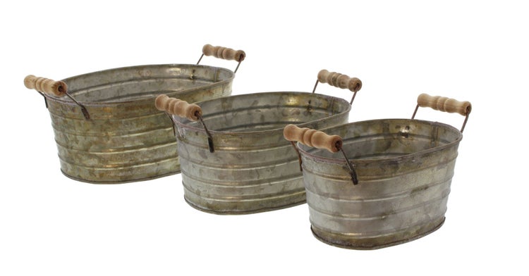 FRANK FLECHTWAREN | Metallwanne mit Holzgriffen, 3er Set, METALL, 17 x 12 x 8 cm, 20 x 14 x 9 cm, 24 x 15 x 10 cm, bei Direktbepflanzung mit Folie ausschlagen