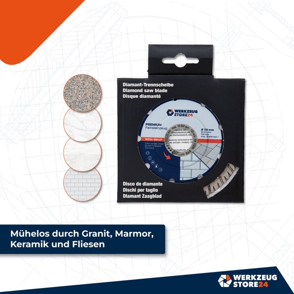 Werkzeugstore24 Diamanttrennscheibe zum Schneiden von Granit, Marmor, Keramik und Fliesen