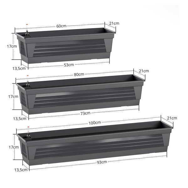 Plastard Blumenkasten 60 x 21 x17 cm Anthrazit mit Hydroeinsatz, Wasserstandsanzeiger und passender Halterung