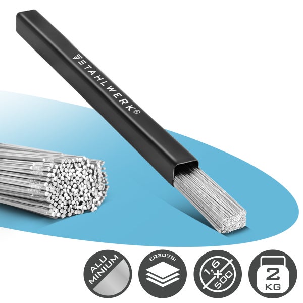 Stahlwerk WIG Schweißstäbe aus Aluminium, Typ ER307Si, 1,6 mal 500 Millimeter, 2 Kilogramm Packung, Stahlwerk Logo.