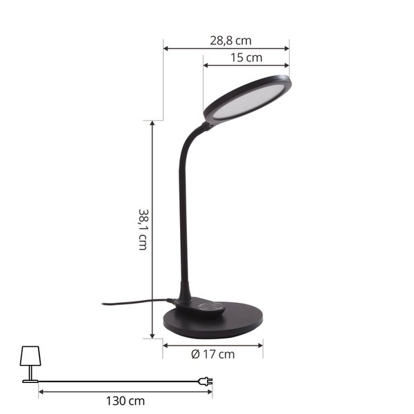 Schwarze Schreibtischlampe mit Maßen: Höhe 38,1 Zentimeter, Breite 28,8 Zentimeter, Fuß Durchmesser 17 Zentimeter, Kabellänge 130 Zentimeter.