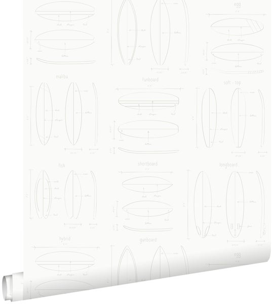 ESTAhome Tapete technische Zeichnungen von Surfbrettern Weiß und Silber - 0,53 x 10,05 m - 128869