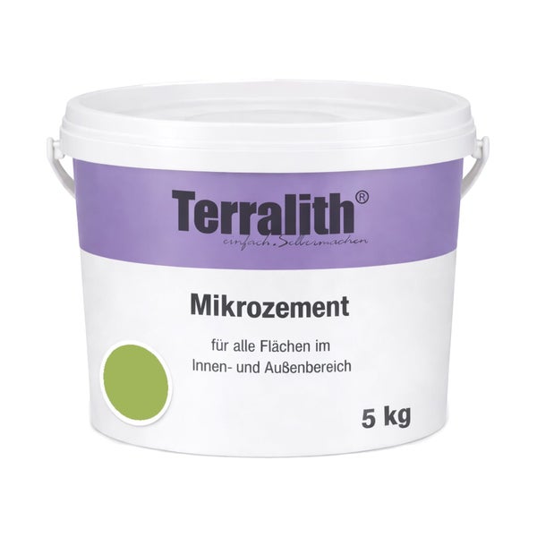 Terralith Mikrozement in Grün im 5 Kilogramm Eimer für alle Flächen im Innen- und Außenbereich.