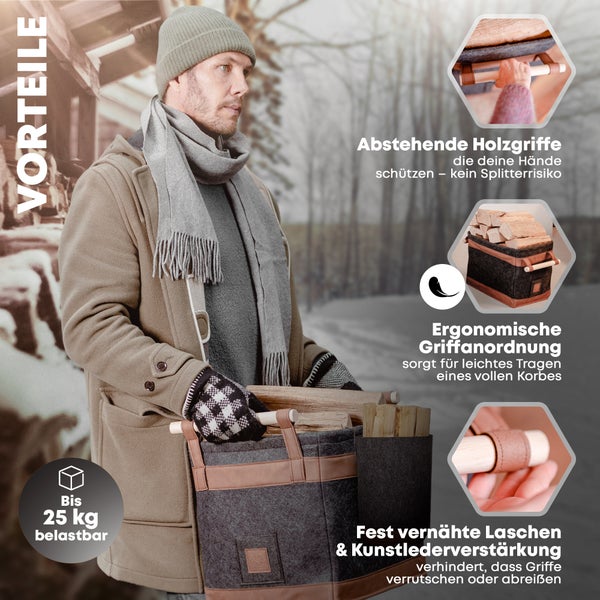 OAKAGE® FireMaster Duo Dunkelgrau Holzkorb Filz - Einhängbarer Zündholzkorb - 42x32x35cm