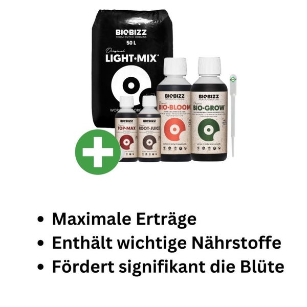 BioBizz Light Mix Erde-Set Medium – 50L Bio-Erde + Bio Grow, Bloom, Top-Max & Root Juice – Komplettset mit Pipette für kräftiges Wachstum & Blüte