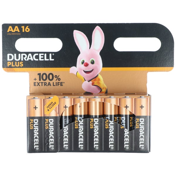 Duracell Batterie Alkaline, Mignon, AA, LR06, 1.5V Plus, Extra Life, Retail Blister (16-Pack)