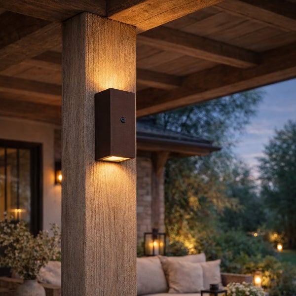 Rechteckige Außenwandleuchte mit Lichtaustritt nach oben und unten, montiert an einem Holzpfosten auf einer Terrasse bei Dämmerung.