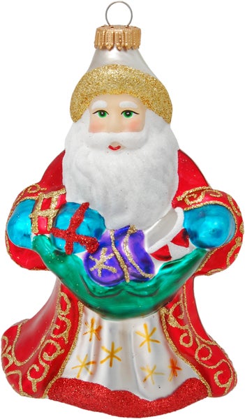 Multicolor 12cm Weihnachtsmann mit Geschenken, Glasornament, mundgeblasen und handdekoriert, 1 Stck.