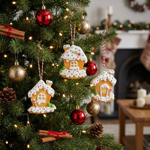 Weihnachtsbaum mit Lebkuchenhaus-Anhängern, roten und goldenen Kugeln, Zimtstangen und Tannenzapfen in einem festlich geschmückten Wohnzimmer.
