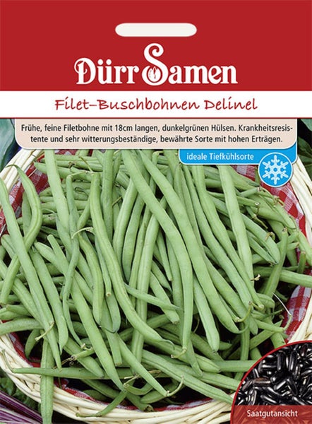 Dürr Samen Logo, Samentüte Filet-Buschbohnen Delinel mit Abbildung von grünen Bohnen im Korb, Samendetail und Symbol für Tiefkühleignung.