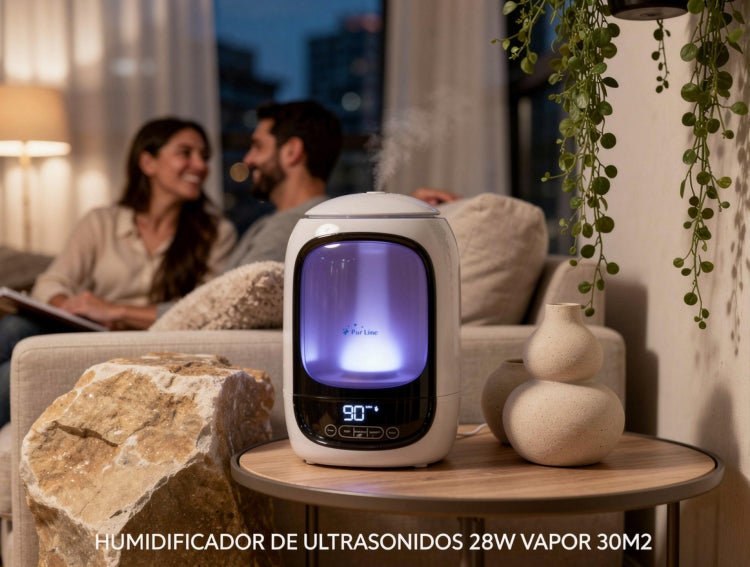 Ultraschall-Luftbefeuchter, 28 Watt für 30 Quadratmeter, Pur Line Logo, auf Tisch in modernem Wohnzimmer mit Personen auf Sofa im Hintergrund.