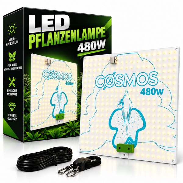 COSMOS LED Pflanzenlampe mit 480 Watt Vollspektrum für alle Wachstumsphasen inklusive Montagezubehör und Stromkabel.