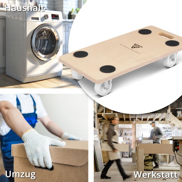 Transportroller aus Holz mit vier Lenkrollen und Antirutschpads, Stahlwerk Logo, Einsatzbeispiele in Haushalt, beim Umzug und in der Werkstatt.