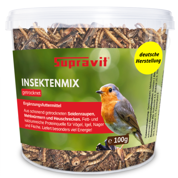 Supravit Insektenmix getrocknet 100 Gramm Ergänzungsfuttermittel für Vögel Igel Nager und Fische mit Seidenraupen Mehlwürmern und Heuschrecken