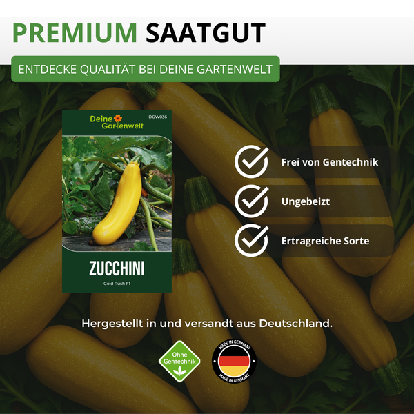 Zucchini-Saatgut Gold Rush F1 von Deine Gartenwelt, frei von Gentechnik, ungebeizt, ertragreiche Sorte, hergestellt in Deutschland.