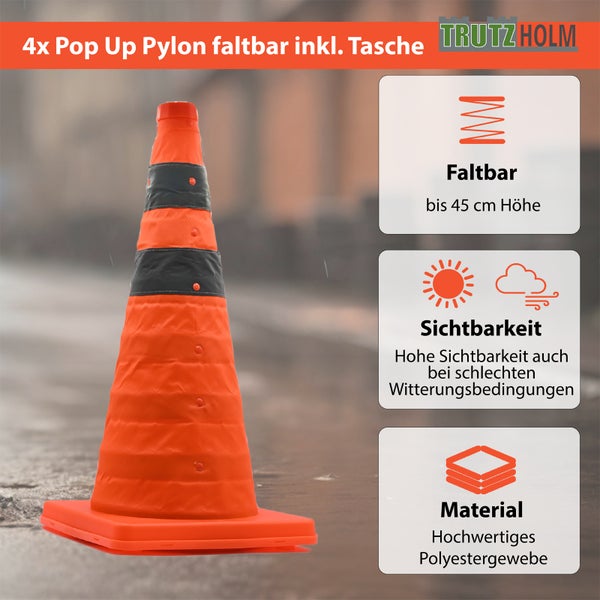 Vierfaltbare Pop Up Pylonen von Trutz Holm mit einer Höhe von 45 Zentimeter inklusive Tasche aus Polyestergewebe für hohe Sichtbarkeit.