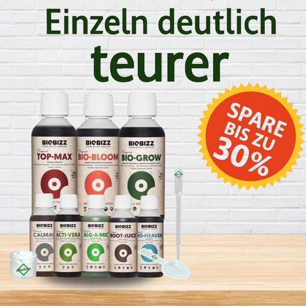 Biobizz Set mit Top-Max, Bio-Bloom, Bio-Grow, Calmag, Acti-Vera, Alg-A-Mic, Root-Juice, Bio-Heaven und bis zu 30 Prozent Ersparnis.