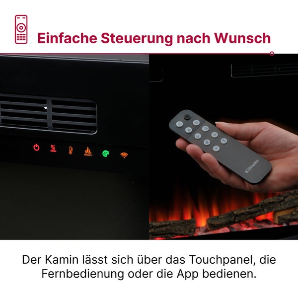 Elektrokamin mit drei Steuerungsoptionen: beleuchtetes Touchpanel am Gerät, Dimplex-Fernbedienung mit Dimplex Logo und App-Steuerung.