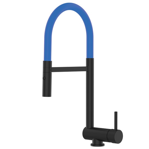 Wasserhahn Vorfenster Küchenarmatur, Umklappbar 6 CM, mit 360° schwenkbarem Auslauf, abnehmbare 2 strahl Handbrause, Schwarz Matt / Blau