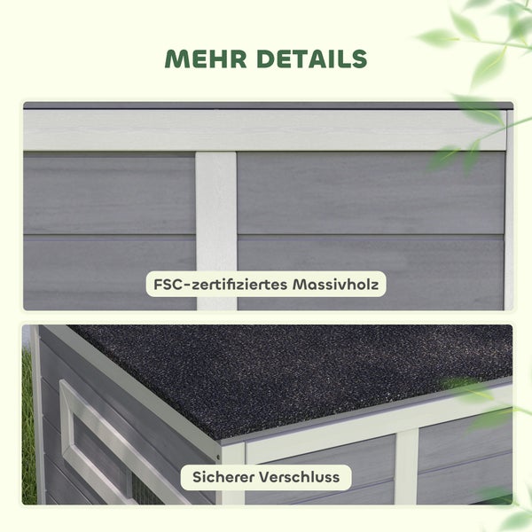 Details eines Kleintierstalls aus nachhaltig zertifiziertem Massivholz, Bitumendach und sicherem Verschluss.