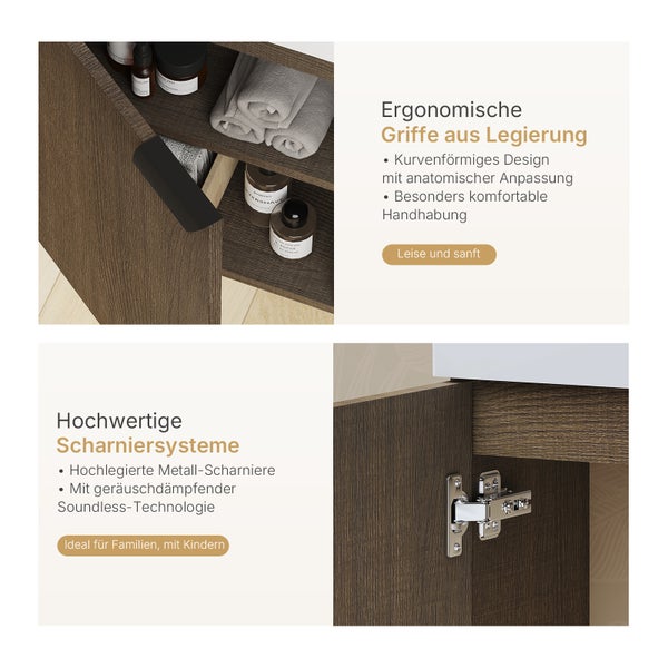 EMKE Waschbecken mit Unterschrank 417×240×646 mm, Badmöbel-Set mit Soft-Close, Türgriff, 2-fach verstellbarem Einlegeboden, Wandmontage, beidseitig montierbar, Räuchereiche