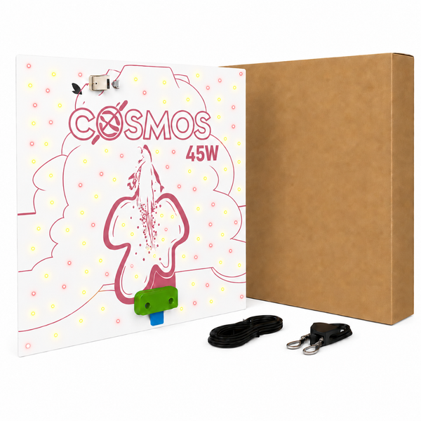 LED-Pflanzenlampe Cosmos 45 Watt mit Kartonverpackung, Netzkabel und Aufhängeset.