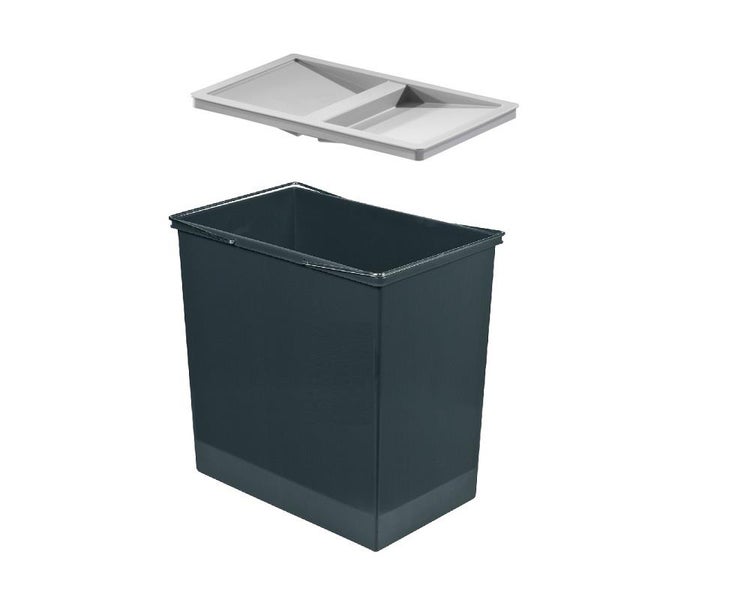 Dunkelgrauer rechteckiger Abfalleimer aus Kunststoff mit einem hellgrauen Deckel.
