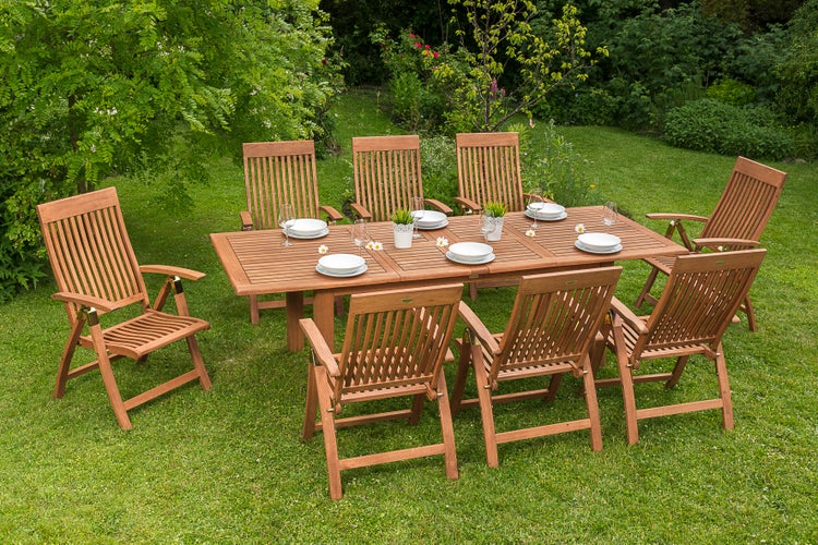 Comodoro Gartenmöbelset 17tlg., 8 Klappsessel, 8 Wendekissen grün, 1 Doppelausziehtisch 180 (220/260) x 100 cm