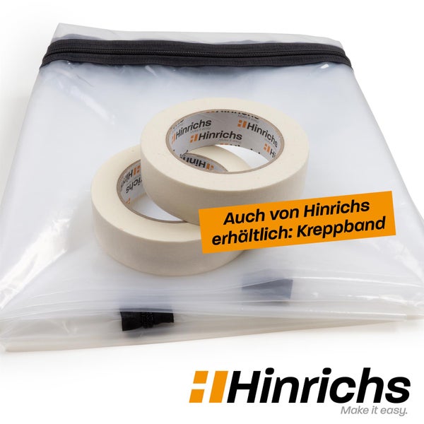 Zwei Rollen Hinrichs Kreppband auf einer transparenten Staubschutztür mit Reißverschluss. Hinrichs Logo.