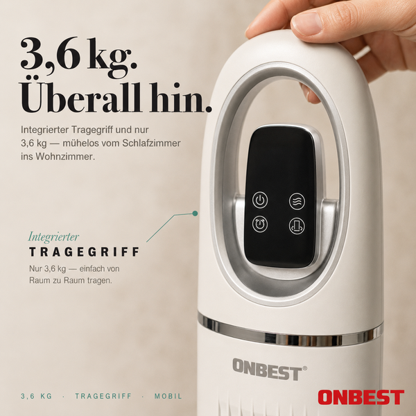 Mobiler ONBEST Heizlüfter mit integriertem Tragegriff, Gewicht 3,6 Kilogramm und digitalem Bedienfeld.